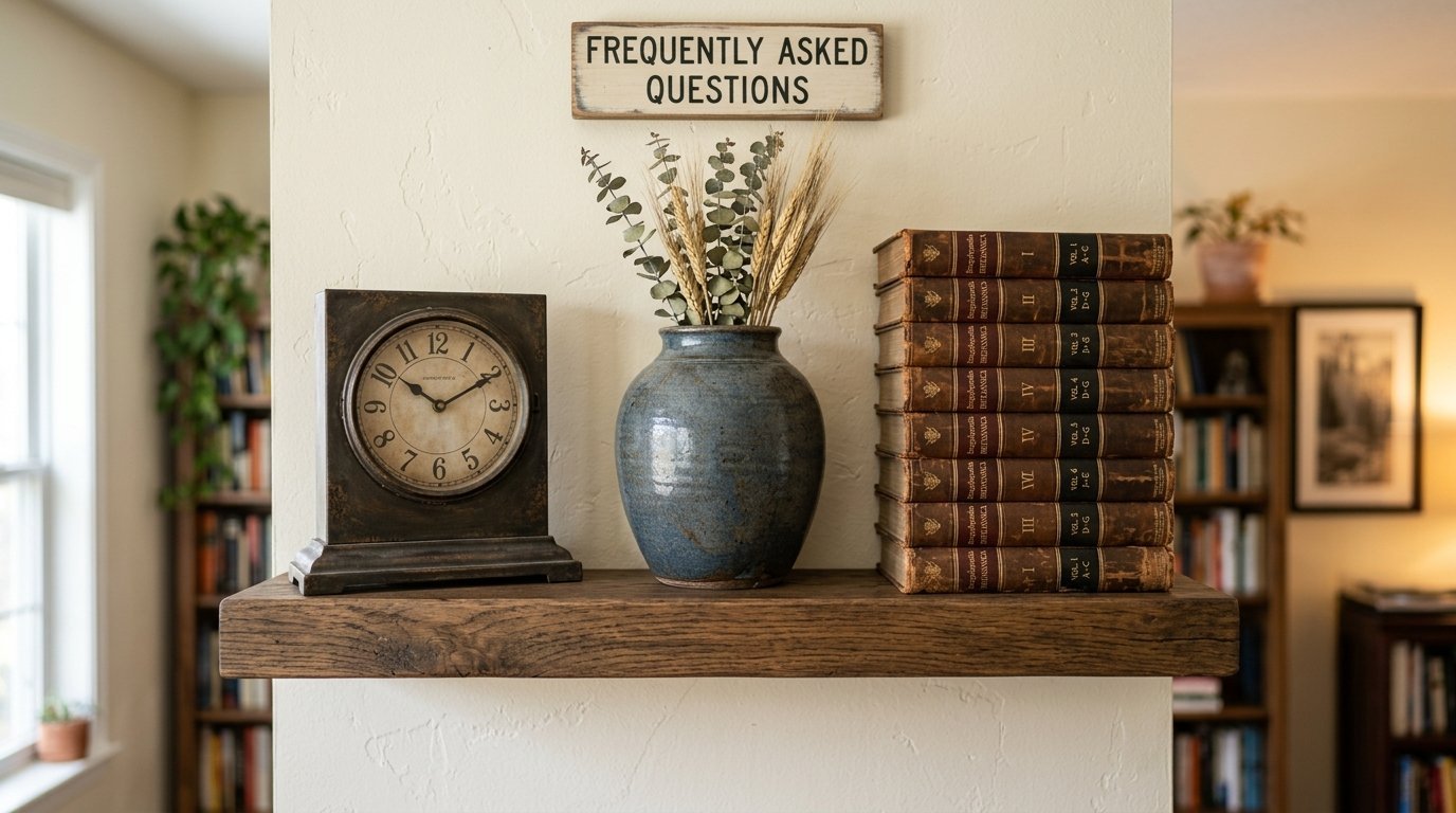 A rustic wood shelf displaying an analog clock, a blue vase with dried stalks, and a stack of antique leather books.