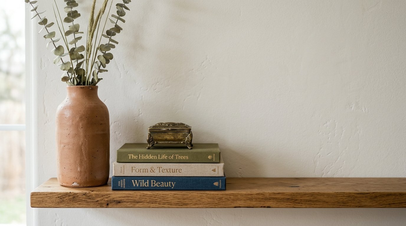 A rustic oak shelf holding a terracotta vase with dried eucalyptus and a stack of three books topped by a small box.