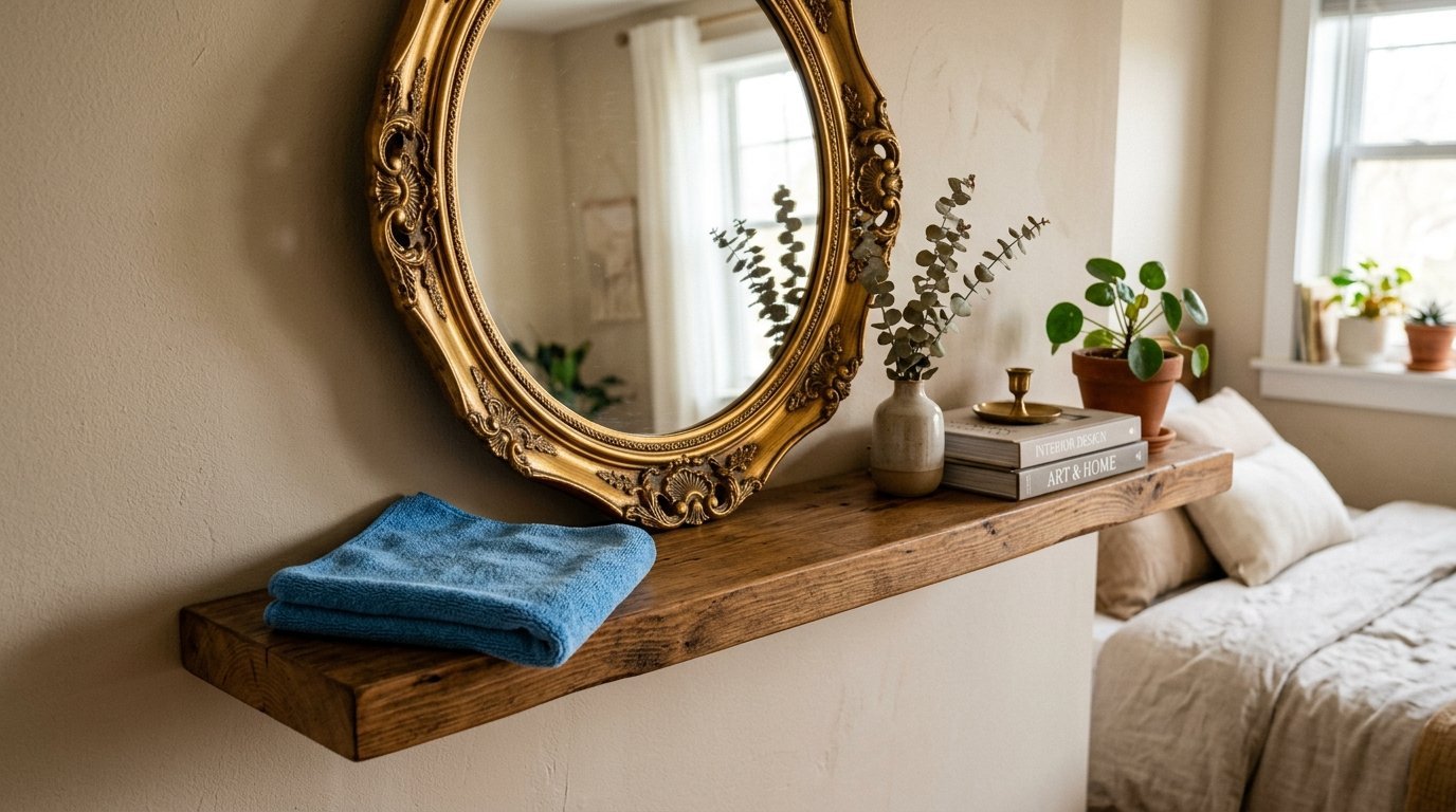 Floating wood ledge holding a blue towel, books, and a plant beneath an ornate gold circular mirror.