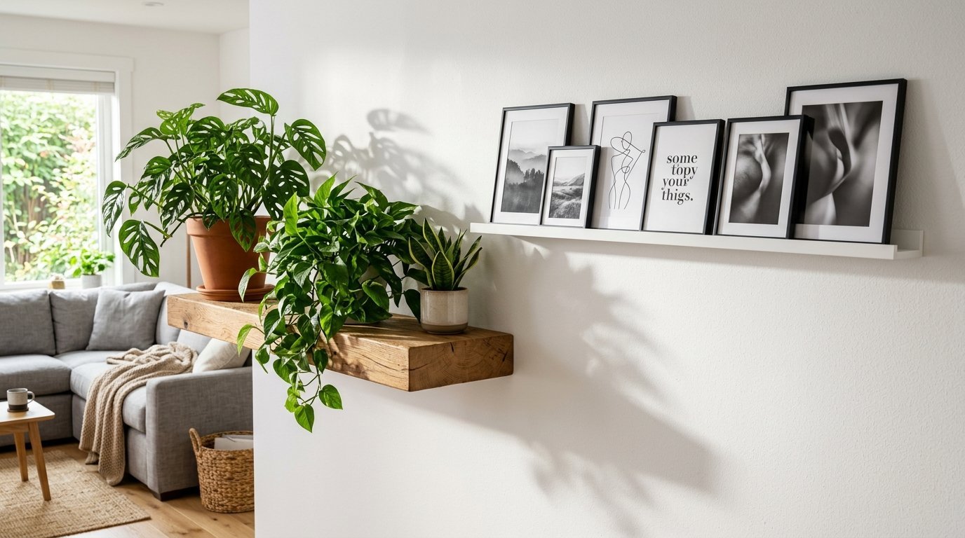 A rustic wood ledge holding various houseplants and black and white art prints on a white wall.