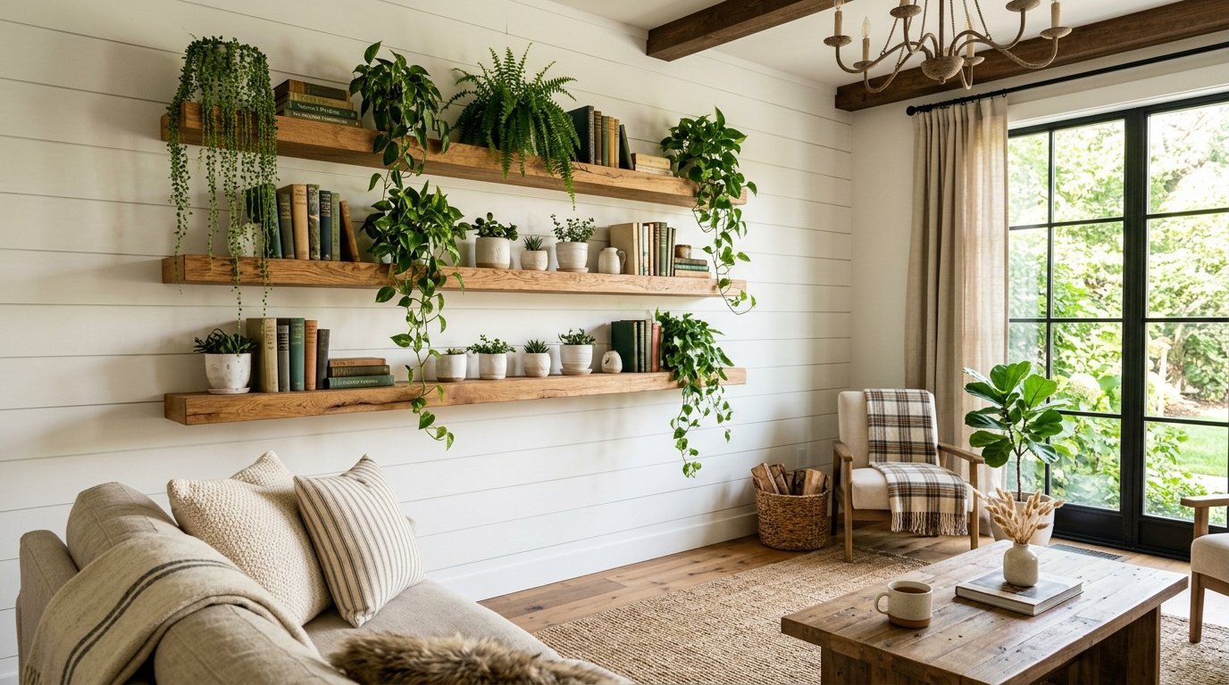 White shiplap wall featuring wood shelves styled with potted plants, books, and home decor next to a window.