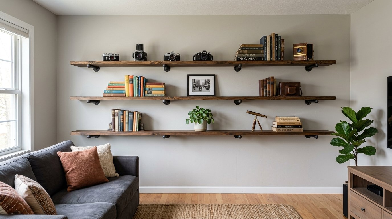 Three wooden wall shelves featuring old film cameras, stacked books, a potted plant, and a brass telescope.