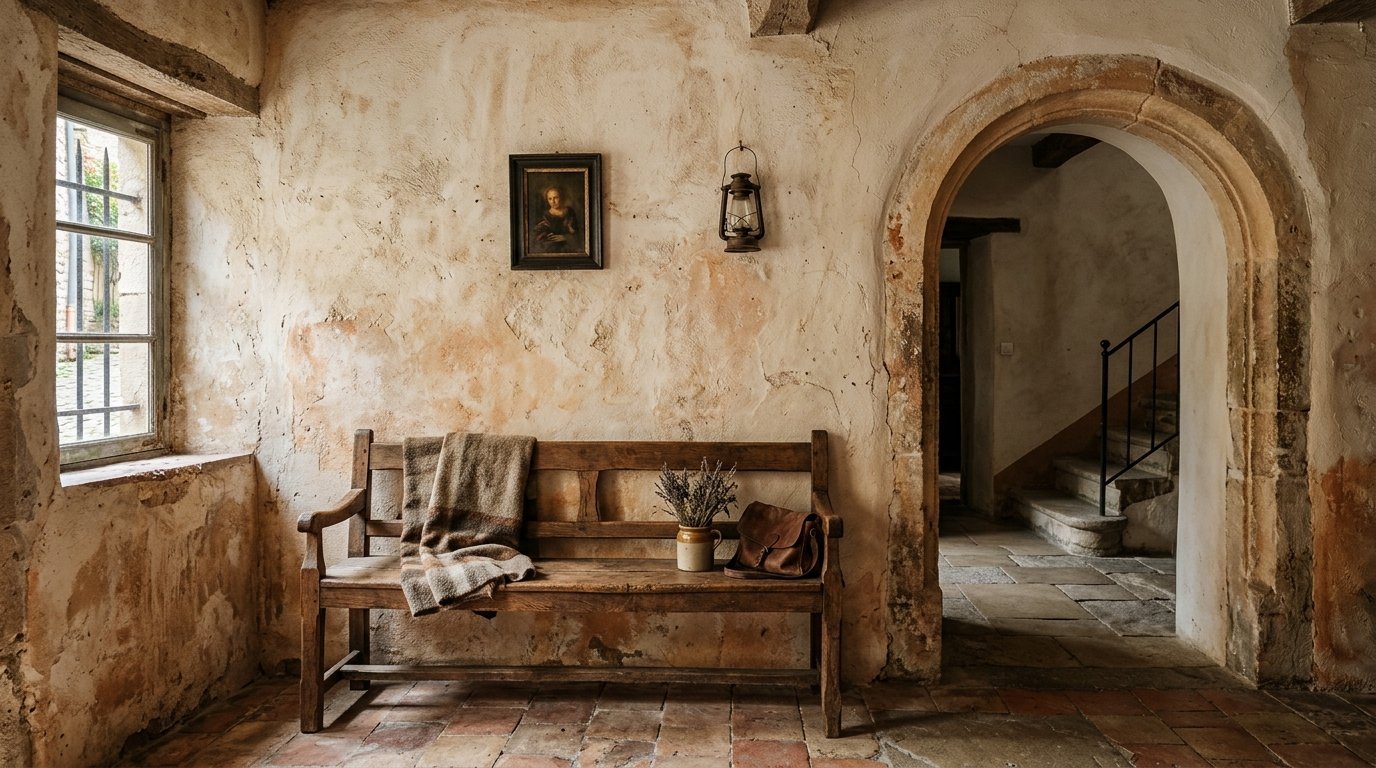 A wooden bench with a blanket sits against a textured wall next to an arched stone doorway.