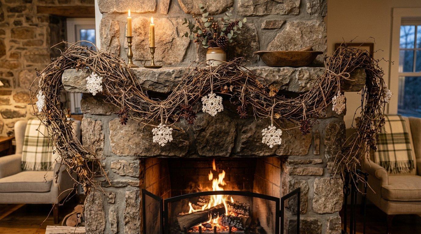 Close up of a fireplace mantle decorated with twig swags and handmade white winter star decorations.
