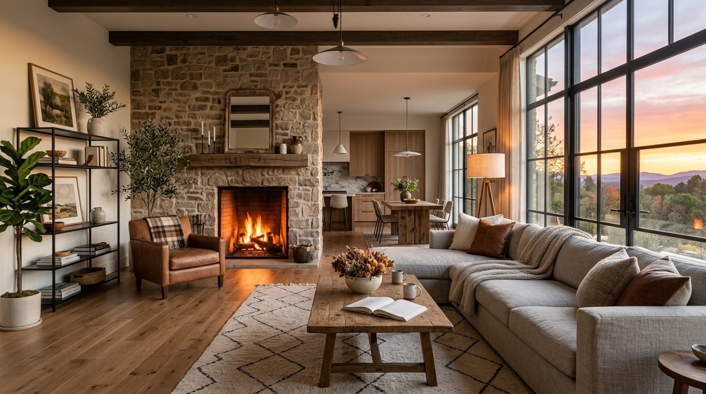 Spacious interior with an L-shaped sofa, leather armchair, wood coffee table, and lit stone fireplace at sunset.