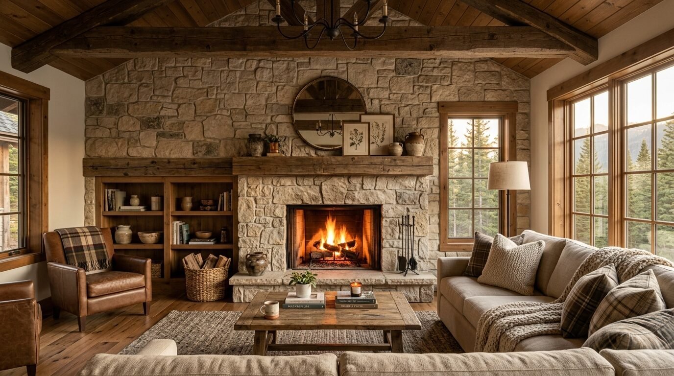 A rustic living room with a large stone fireplace, leather armchair, and sofa overlooking pine trees.