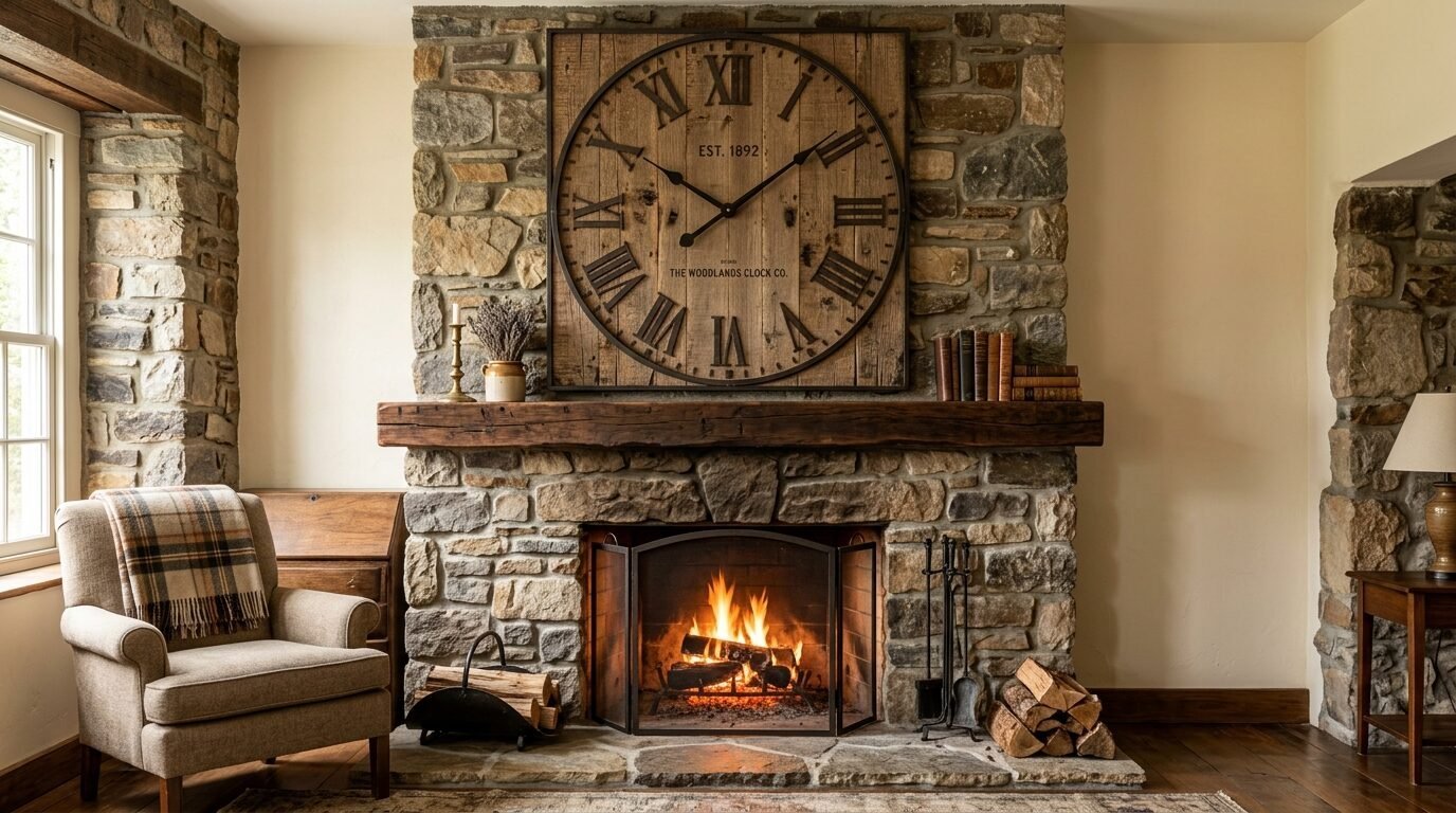 A large vintage-style wooden wall clock hanging above a stone fireplace with a burning fire.