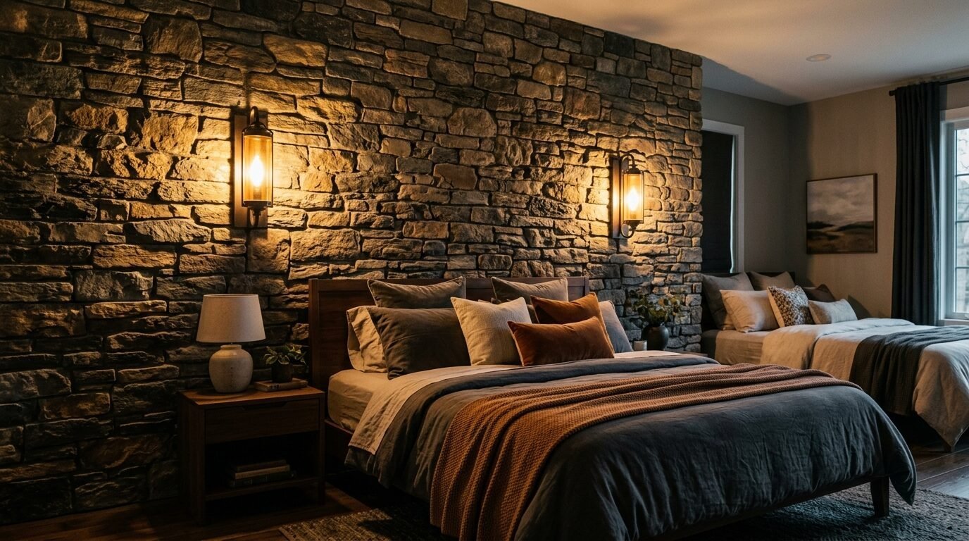 Modern beds with layered pillows and blankets set against a dramatic stacked stone wall illuminated by wall sconces.