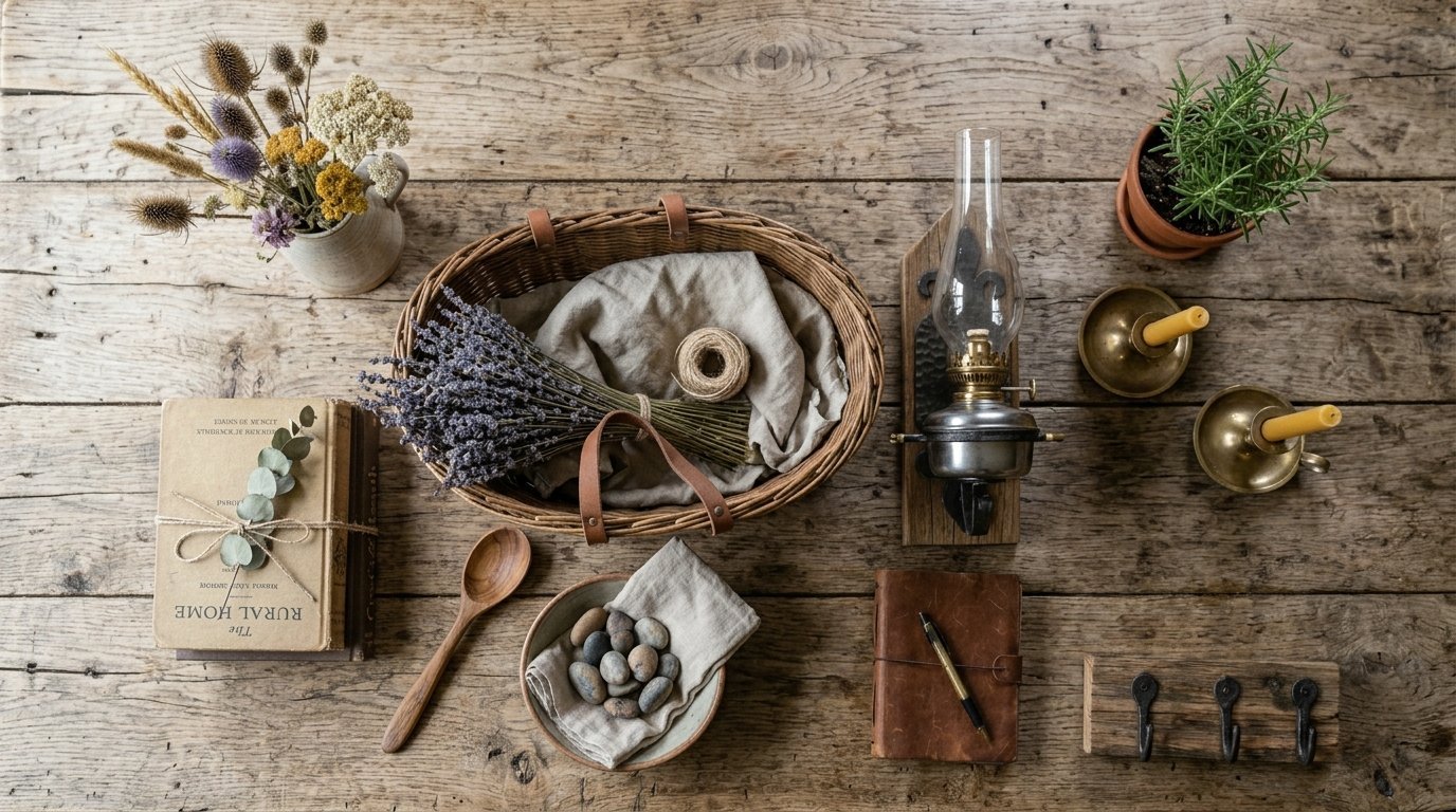 Top view of a wooden table featuring a basket of lavender, old books, a small lamp, stones in a bowl, and a wall hook.