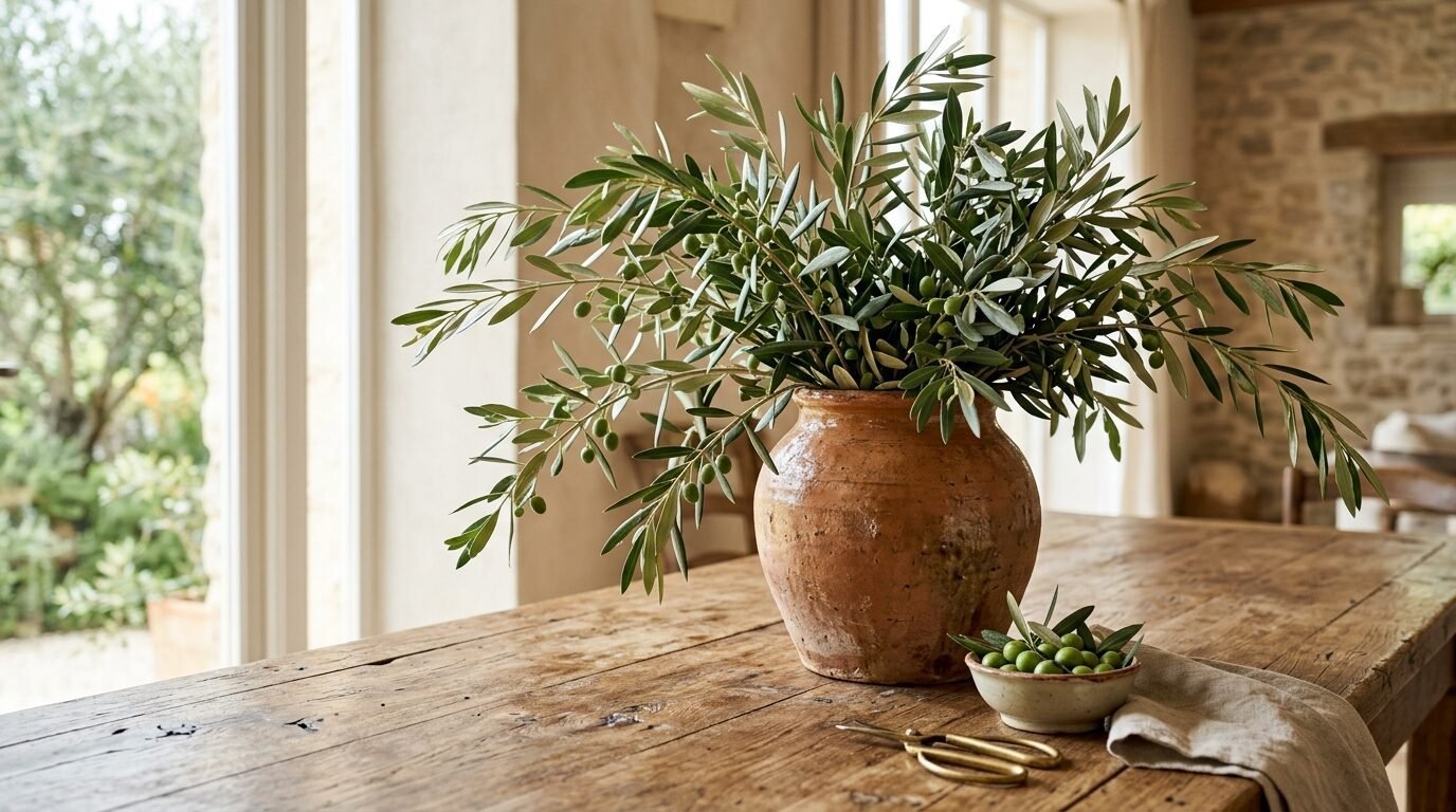 A rustic clay jar filled with green olive tree cuttings sits on a wooden dining table near a bright window.