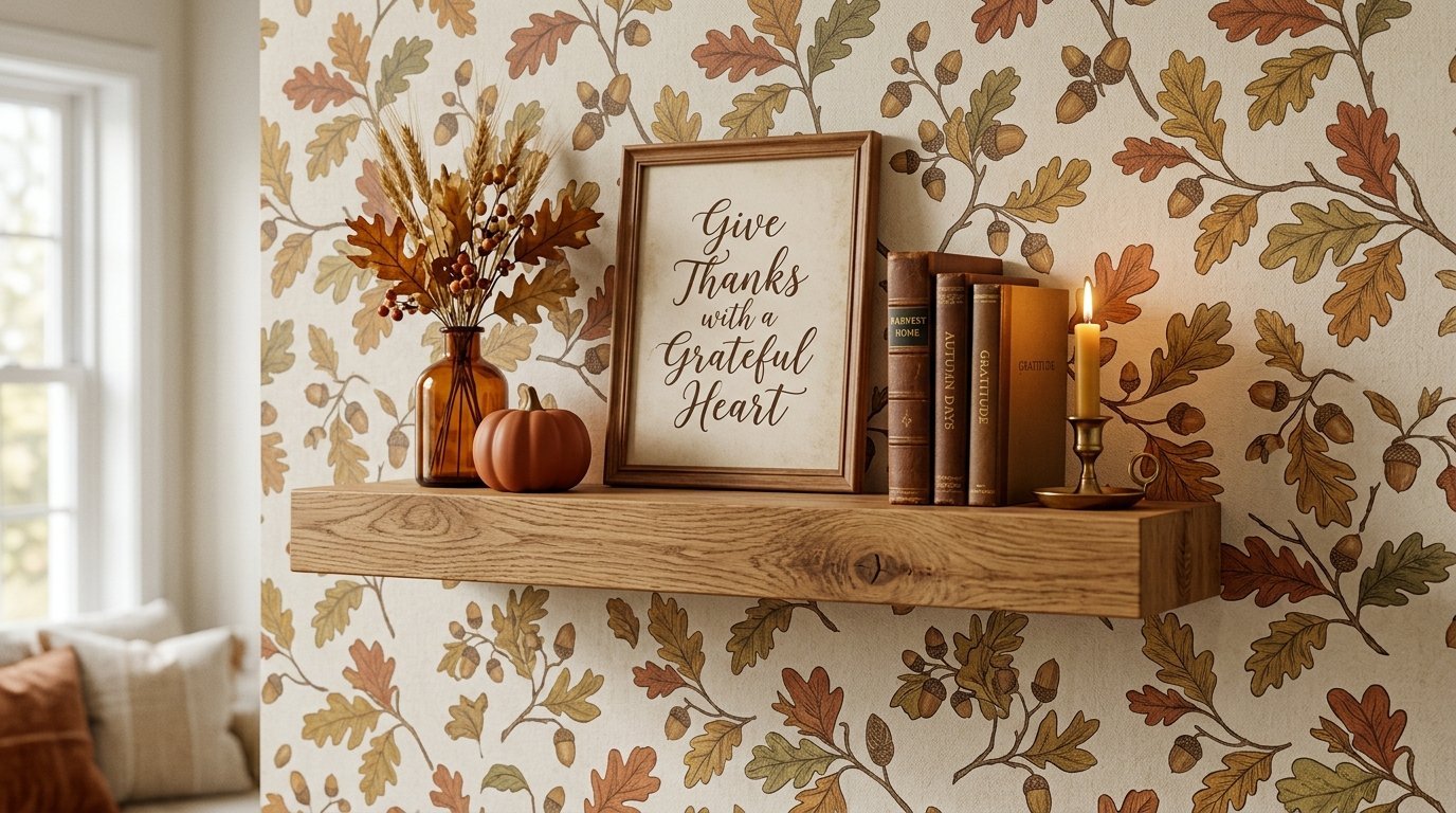 A wooden shelf holds a fall-themed sign, books, a candle, and a small pumpkin against acorn patterned wallpaper.