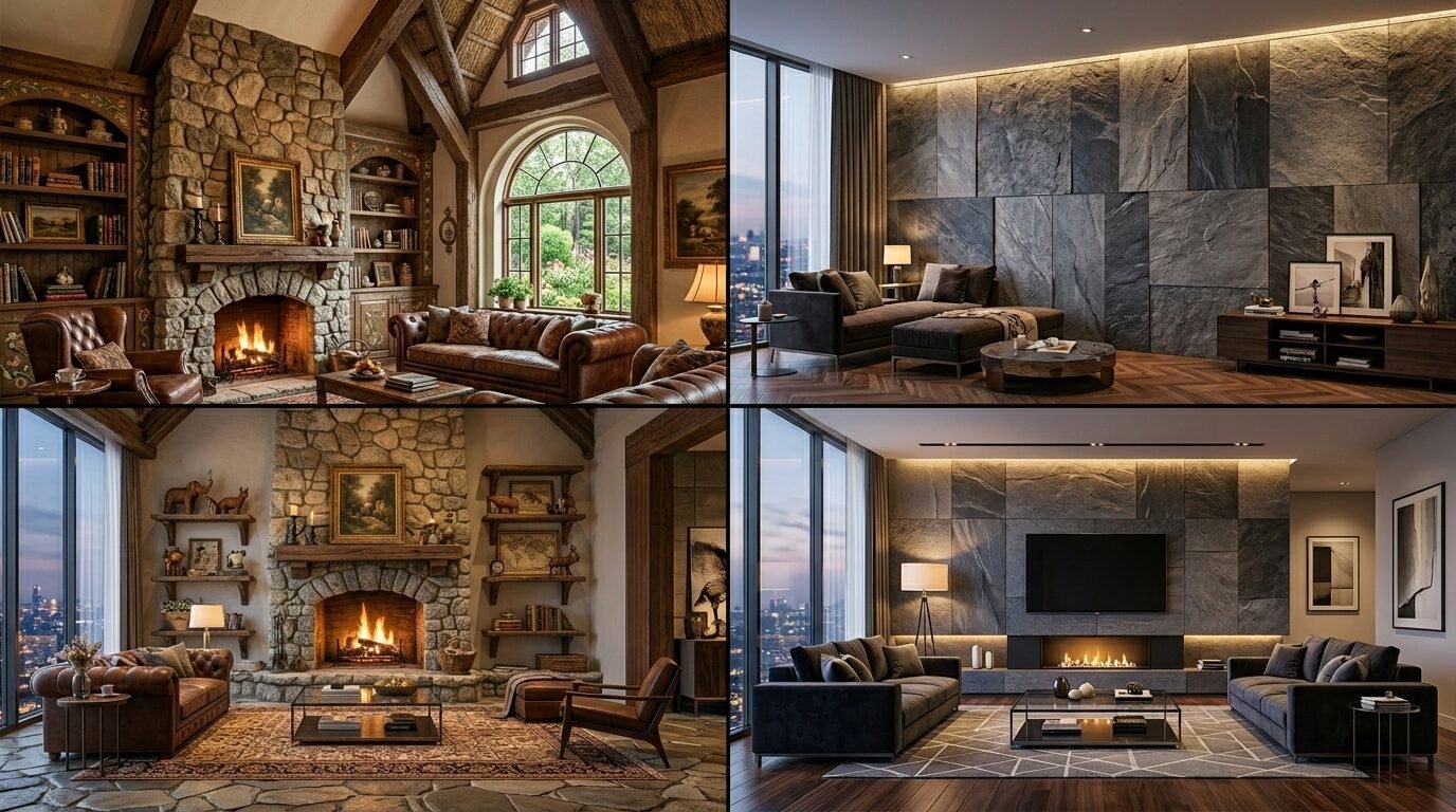 Four interior design layouts showing rustic stone hearths alongside contemporary slate-walled lounges with city views.