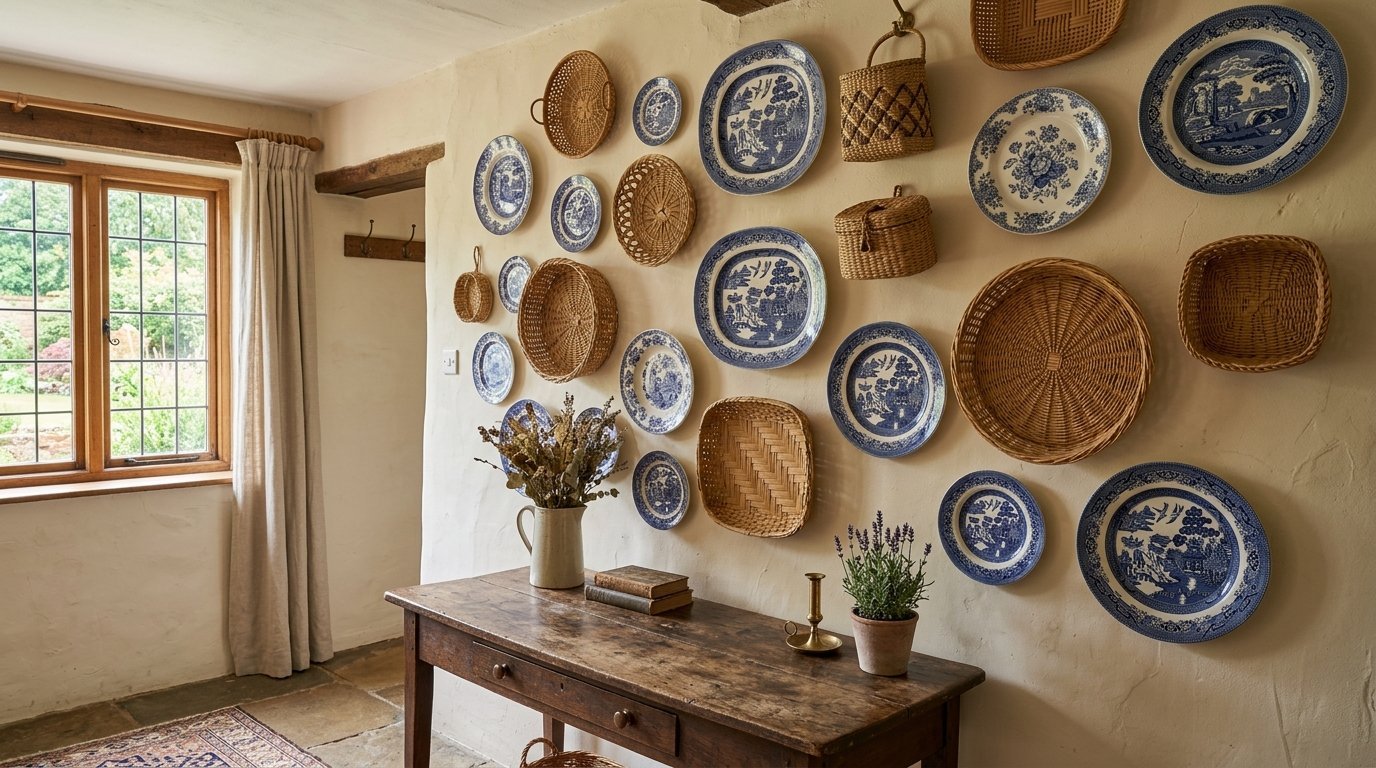 Vintage wooden table sits beneath a textured wall adorned with blue and white china plates and natural wicker baskets.