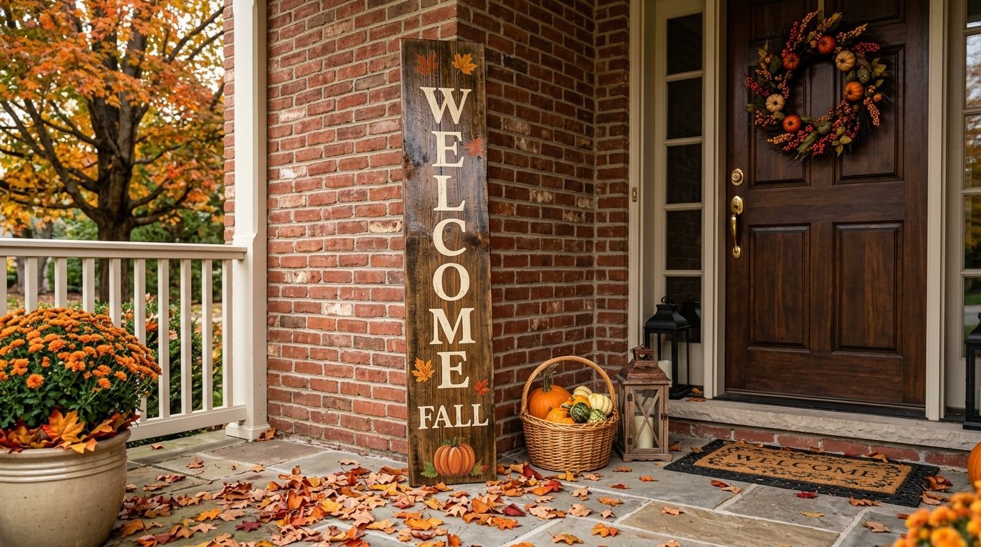 Tall wooden sign saying Welcome Fall on a brick porch with pumpkins, a wreath, and scattered autumn leaves.