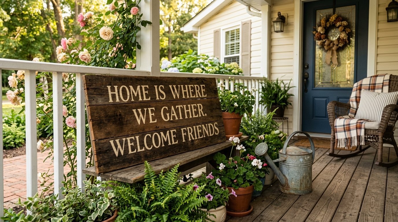 A wooden sign reading Home Is Where We Gather Welcome Friends sits on a bench surrounded by potted plants and a watering can.