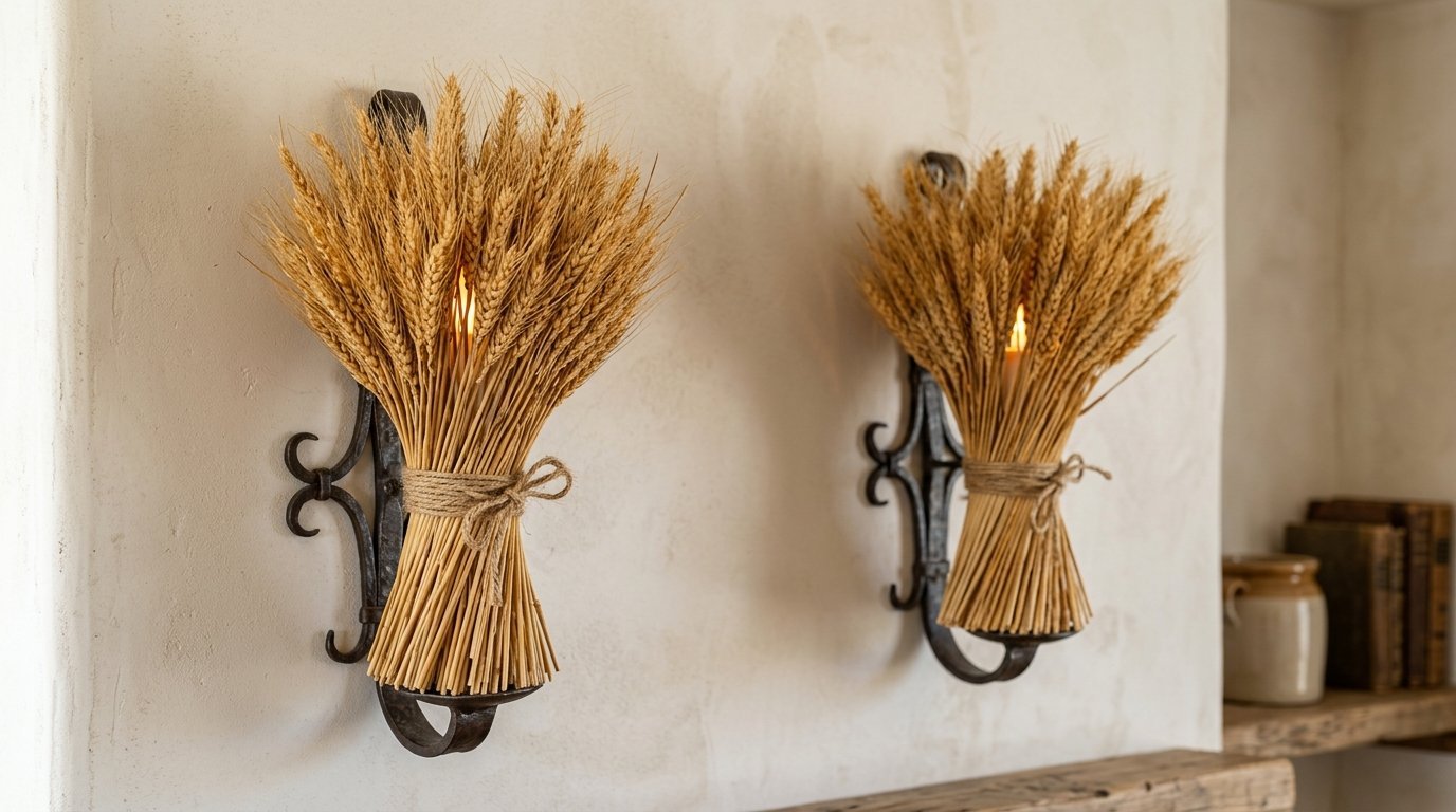 Two rustic metal wall mounts holding tied bunches of wheat on a textured white plaster wall.