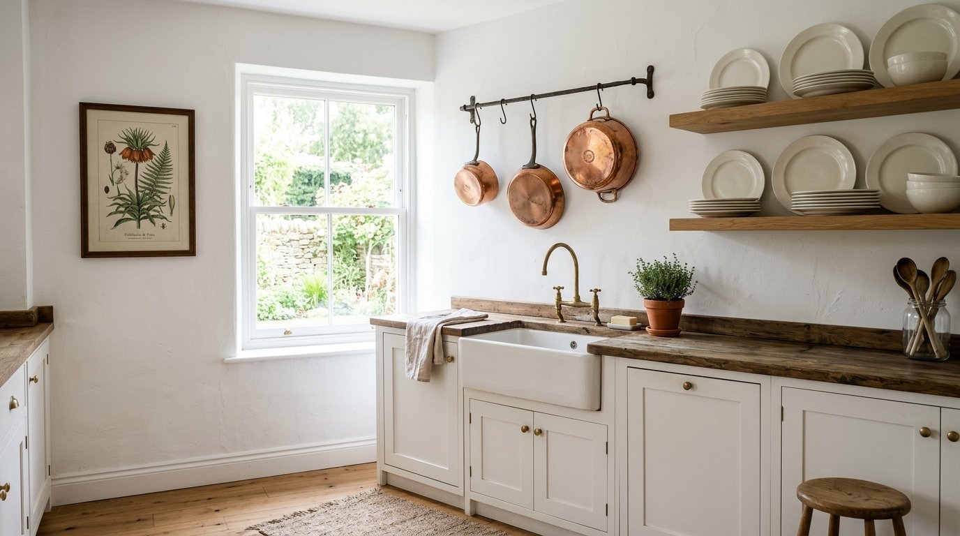 White farmhouse kitchen with a Belfast sink, wood countertops, and botanical wall art near a sunlit window.