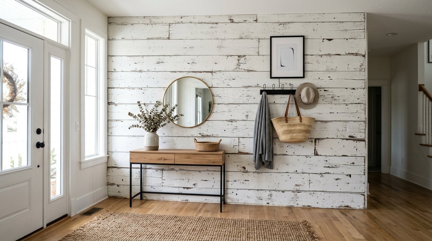 A modern foyer with a wood console table, circular mirror, and straw bag hanging on a black rack against shiplap wall.