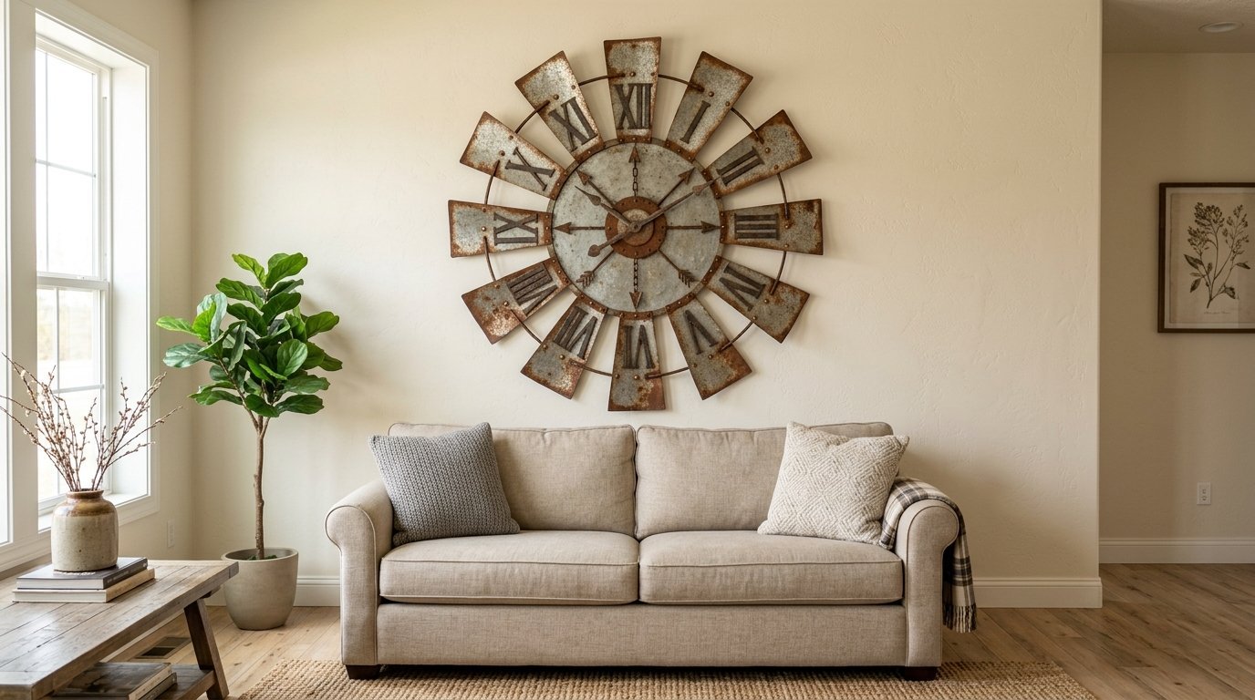 Large weathered metal gear clock mounted on a neutral living room wall behind a fabric couch with throw pillows.