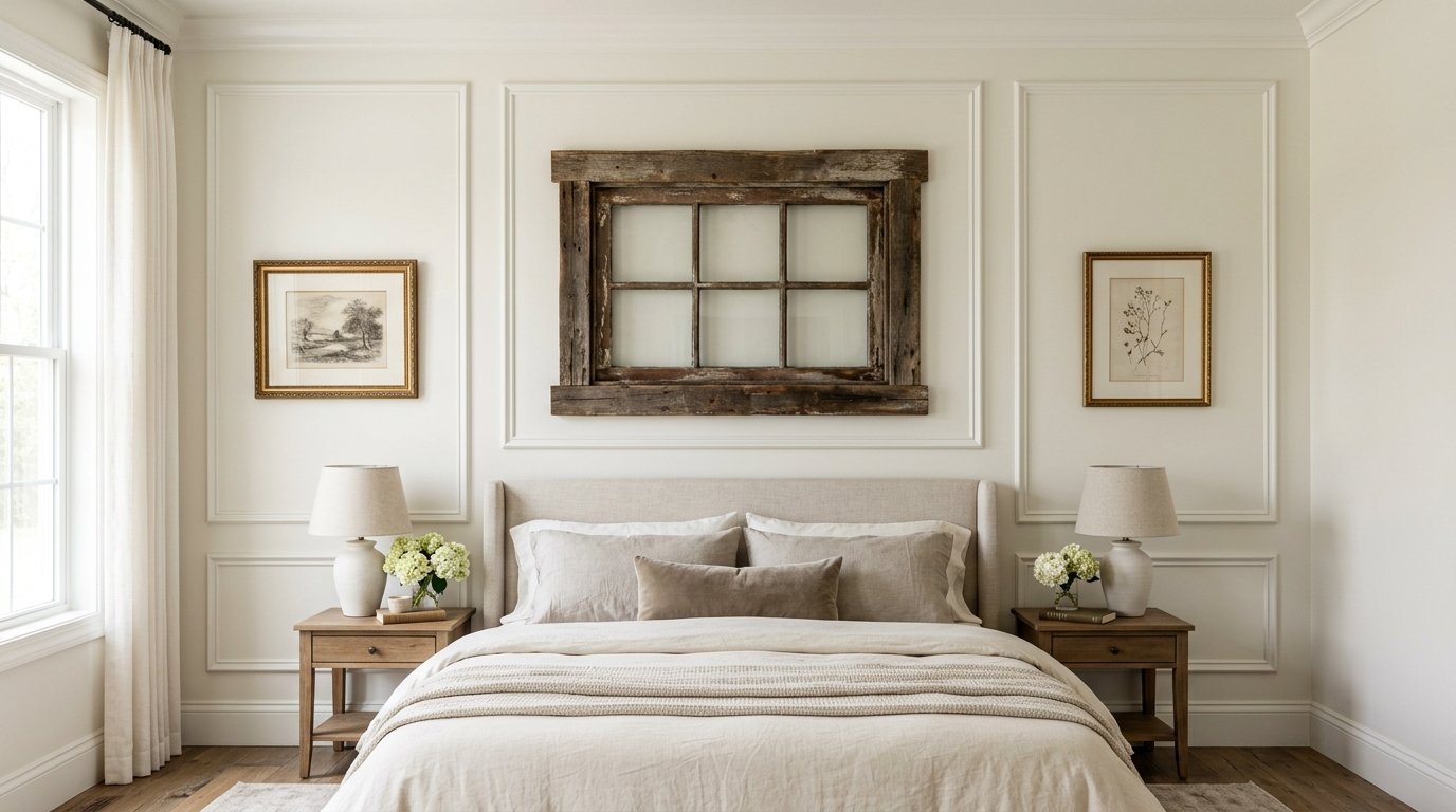 Neutral bedroom with a reclaimed wood window frame hung above a linen upholstered headboard.