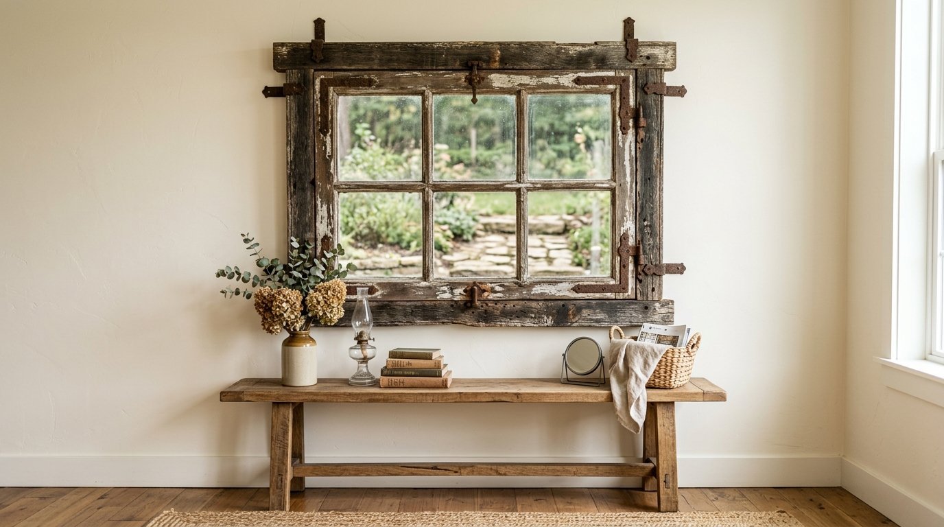 A vintage wooden window frame mirror mounted on a beige wall above a farmhouse console bench with decor.