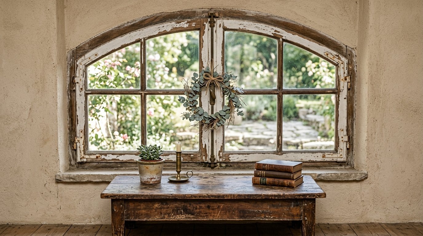 An arched window with a greenery wreath, a small succulent, candle, and stack of old books on a wooden bench.