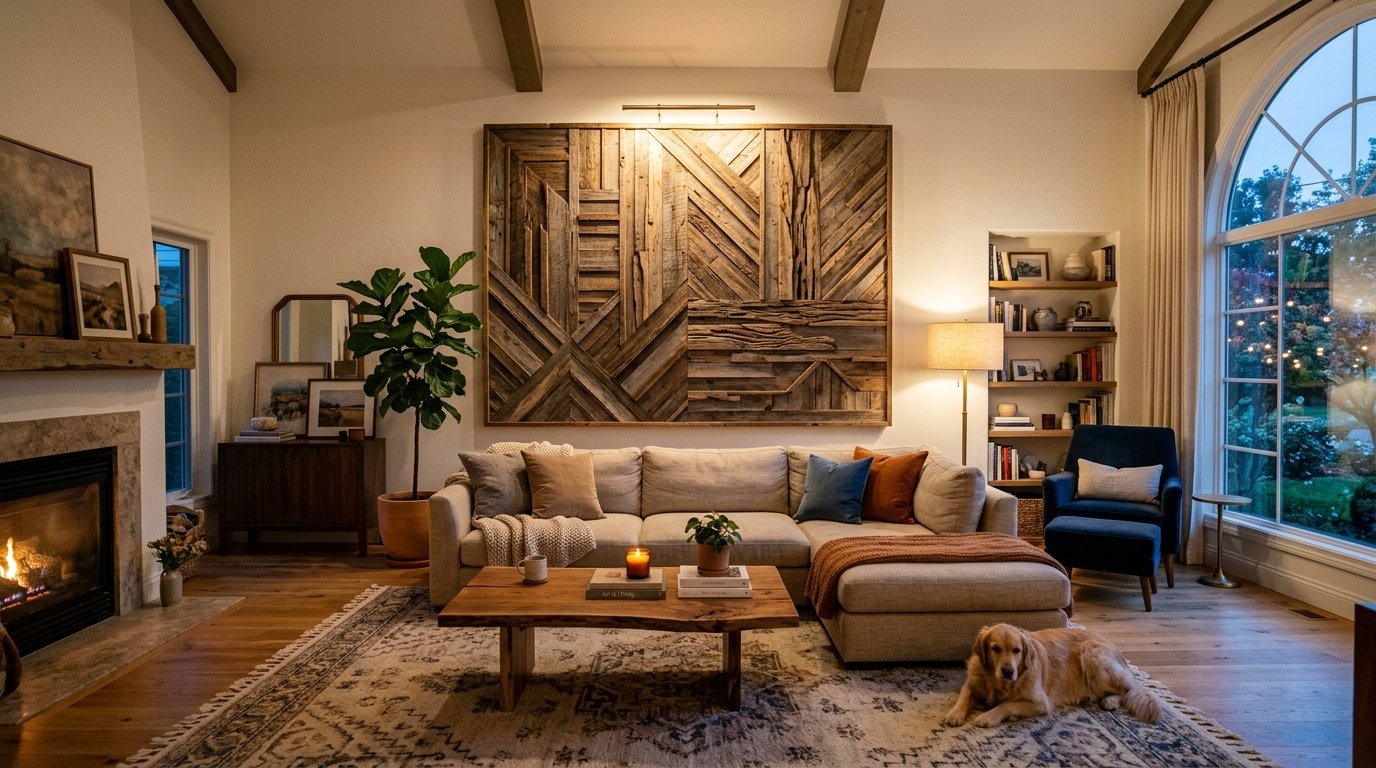 A golden retriever lies on a patterned rug in front of a sectional couch with large wood panel art hanging above it.