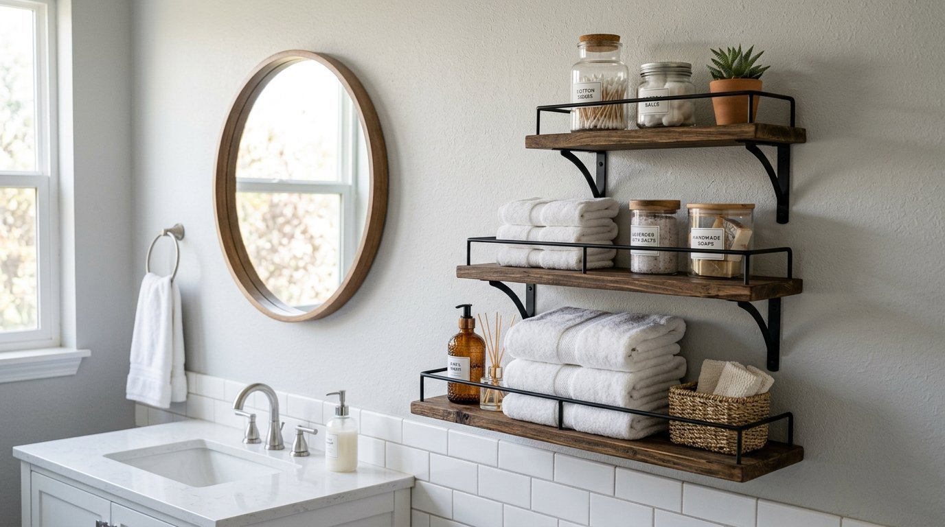 Wooden shelves with iron railings holding towels, apothecary jars, and a succulent on a white tiled wall.