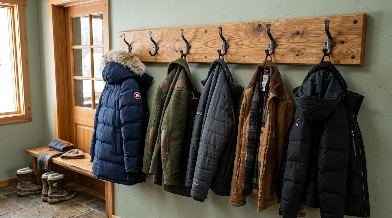Five various winter coats hanging on iron hooks attached to a long wooden plank on a sage green wall.