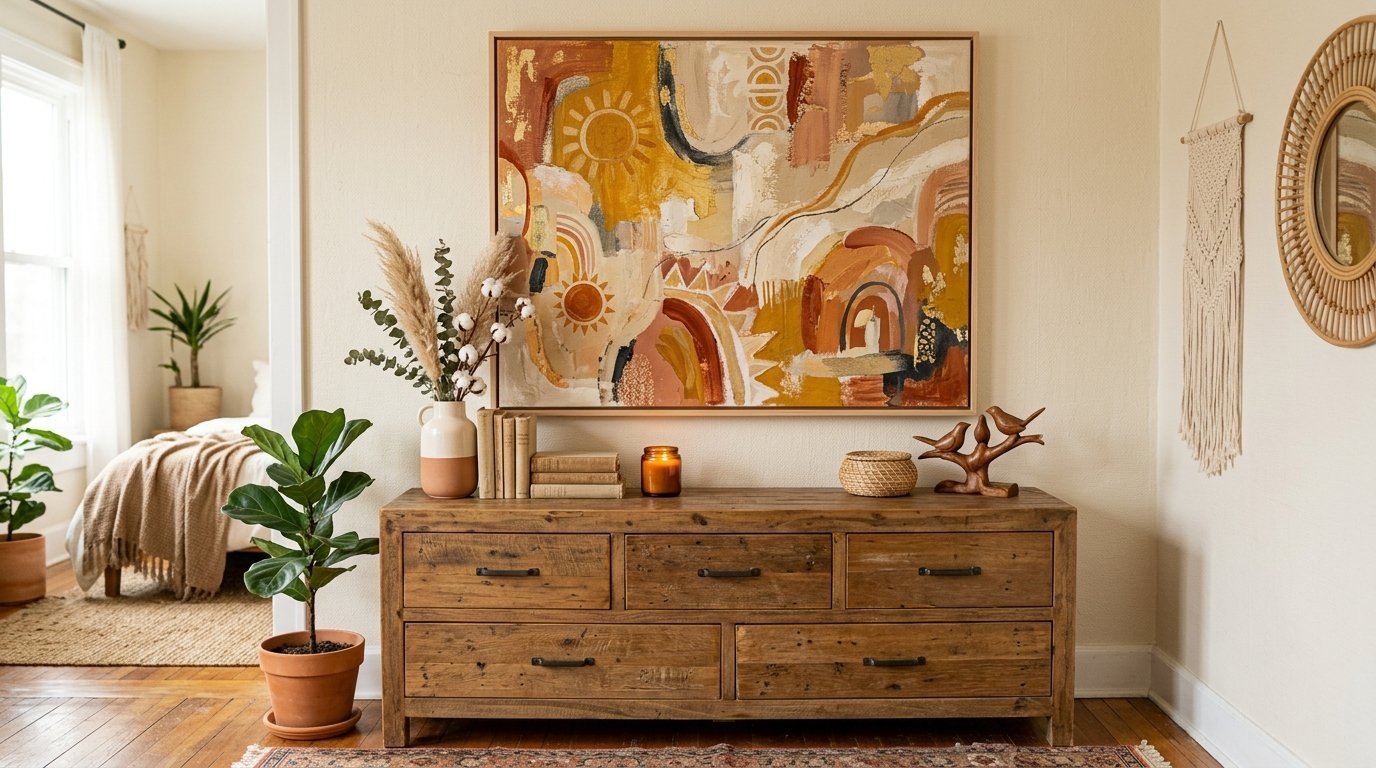 Wooden dresser decorated with dried botanicals, vintage books, and warm abstract canvas art.