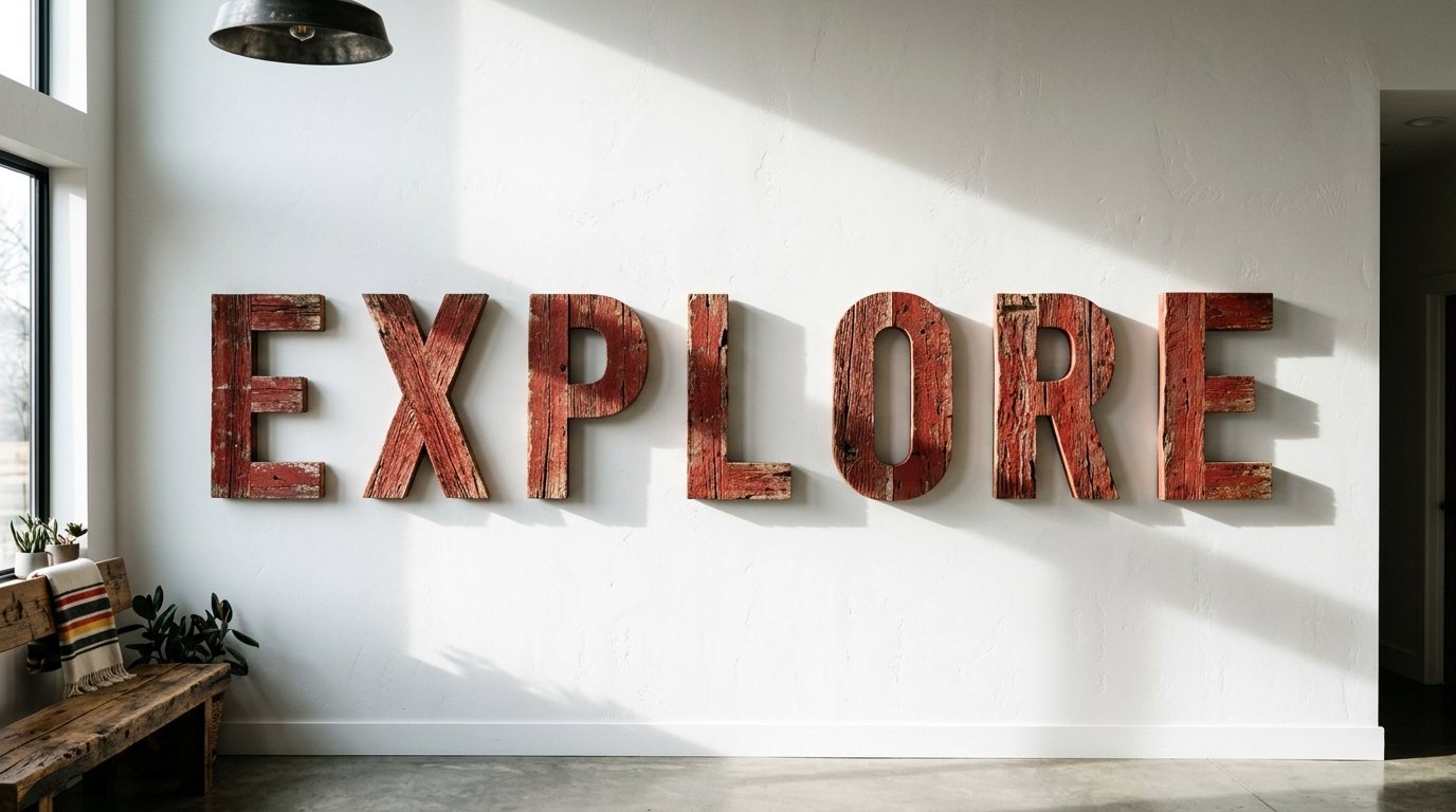 Text wall art reading EXPLORE crafted from distressed red wood planks mounted on a minimalist white wall.