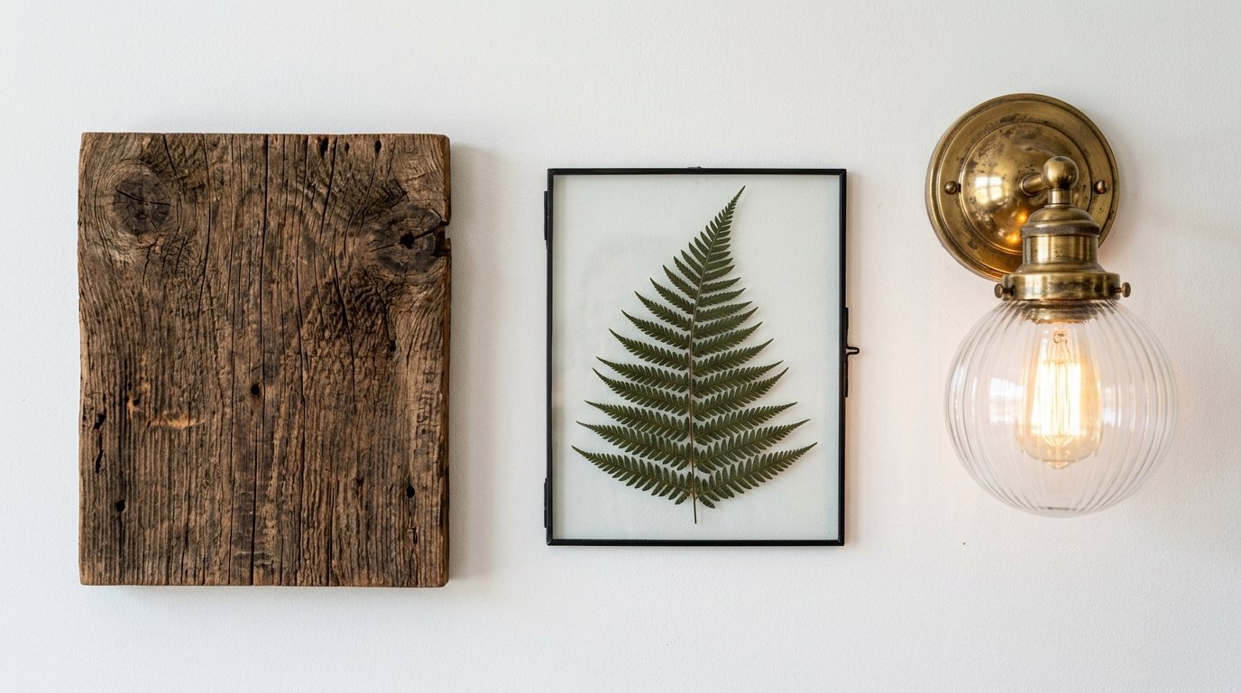 Decorative wall arrangement featuring weathered wood, a pressed fern in a glass frame, and a lit brass orb lamp.