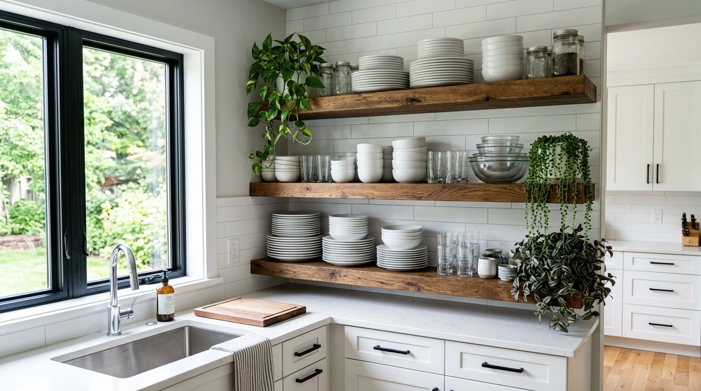 Stacks of white ceramic dishware on rustic wooden floating kitchen shelves next to a bright window.
