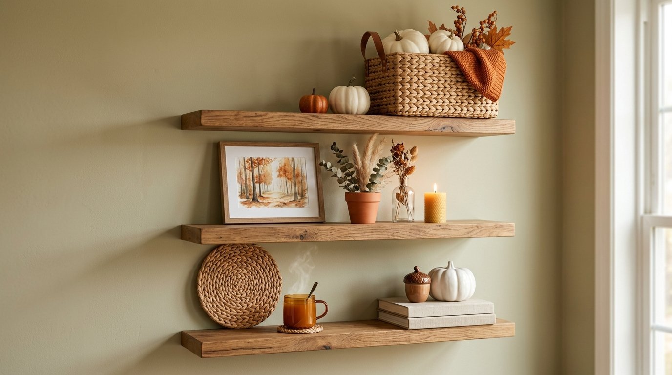 Three wood floating shelves against a sage wall featuring mini pumpkins, a basket, books, and a steaming tea mug.