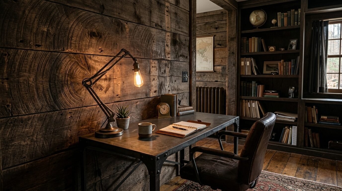An industrial desk with an open notebook, lamp, and coffee mug in a dark cabin-style room with bookshelves.