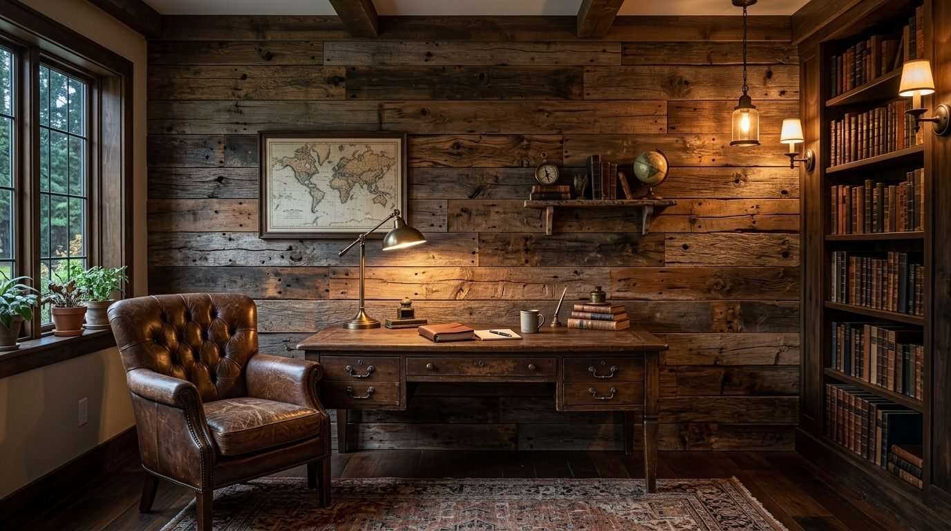 Dark wood paneled home office with a leather chair, desk lamp, and a tall bookshelf filled with old books.