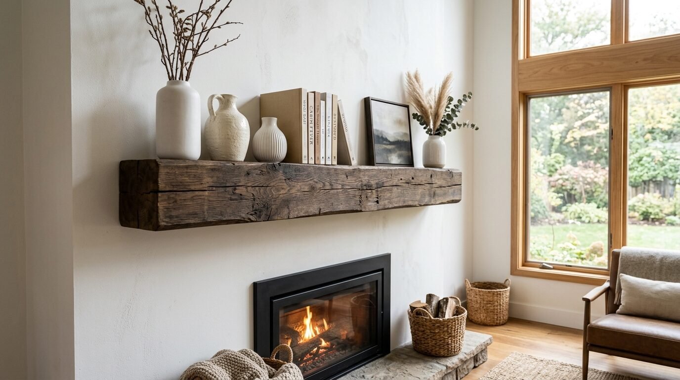 A live-edge wooden mantelpiece above a fireplace, decorated with minimalist ceramic vases and a row of books.