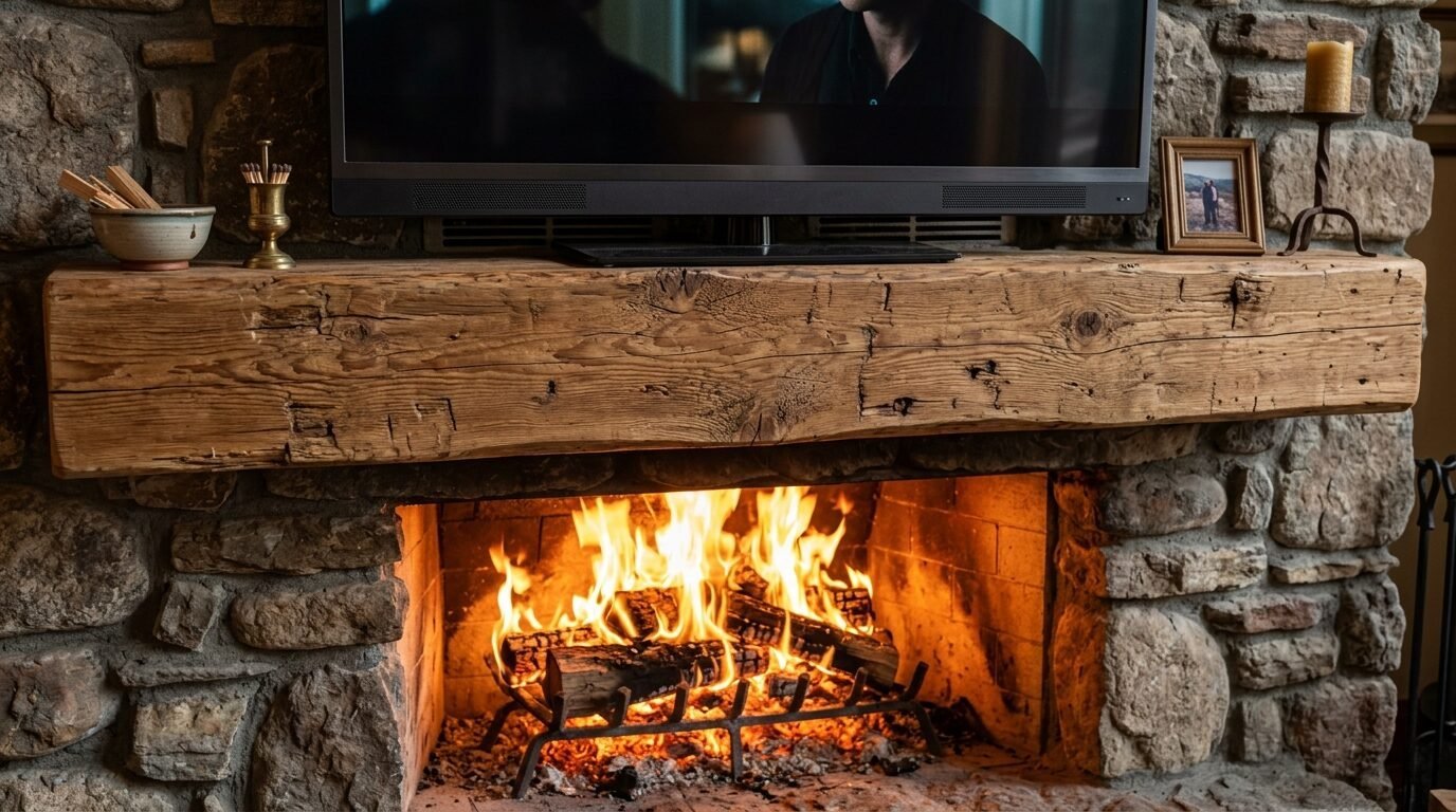 Close up of a roaring fire in a natural stone hearth under a thick, weathered reclaimed wood mantelpiece.