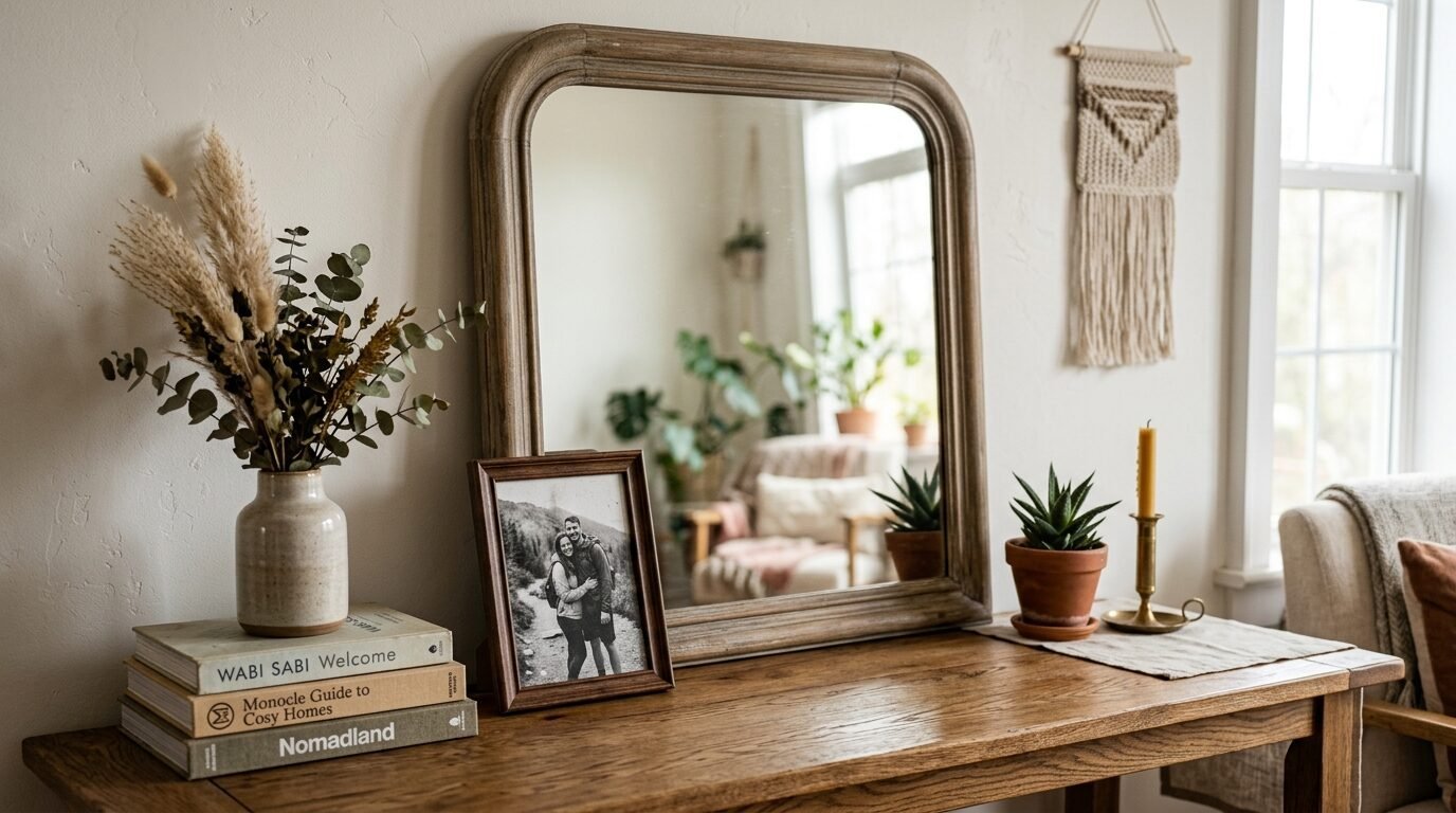 An arched wood mirror sits on a console table beside a picture frame, books, a vase of pampas grass, and a potted plant.