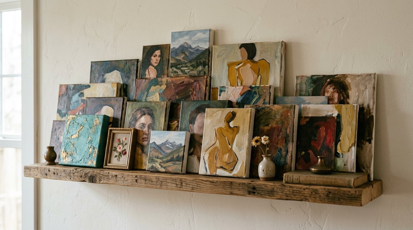 A cluster of canvas paintings and a small framed floral piece sitting on a natural wood floating wall shelf.