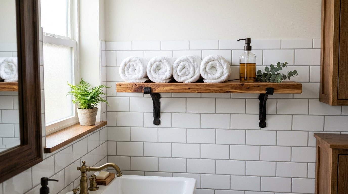 Four rolled white towels sit on a rustic wooden wall shelf above a subway tiled bathroom sink.