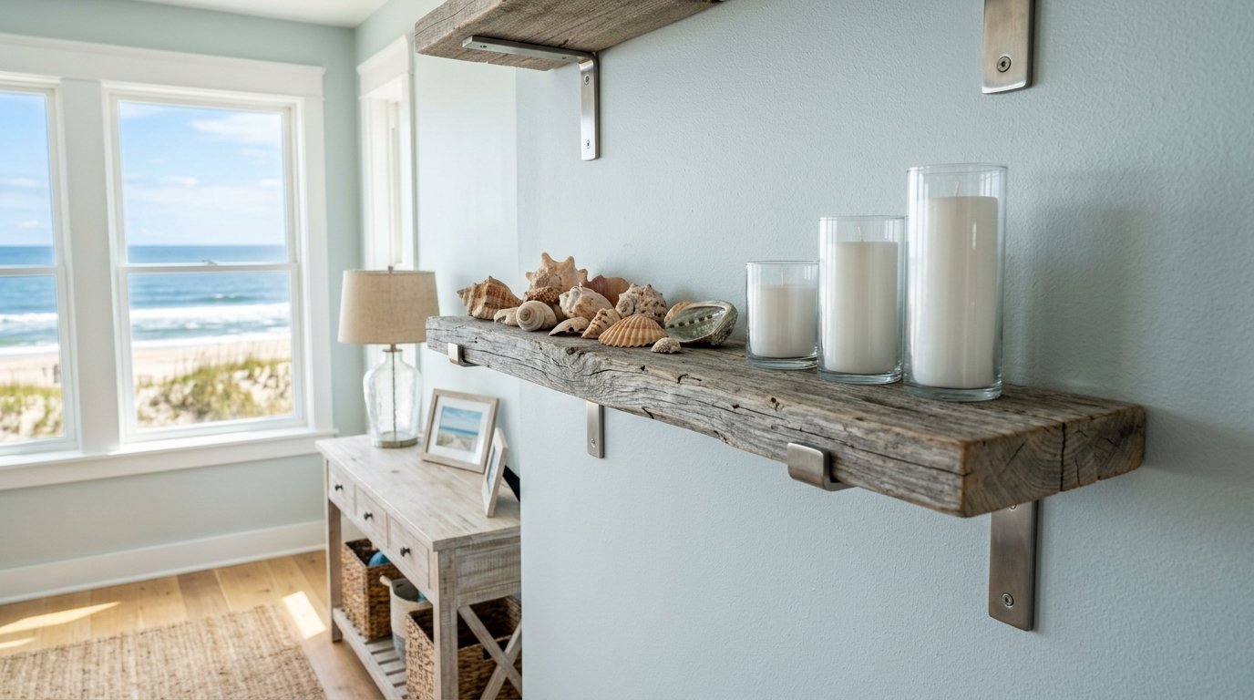 Close-up of a weathered wooden shelf with seashells and glass candles against a light blue wall.