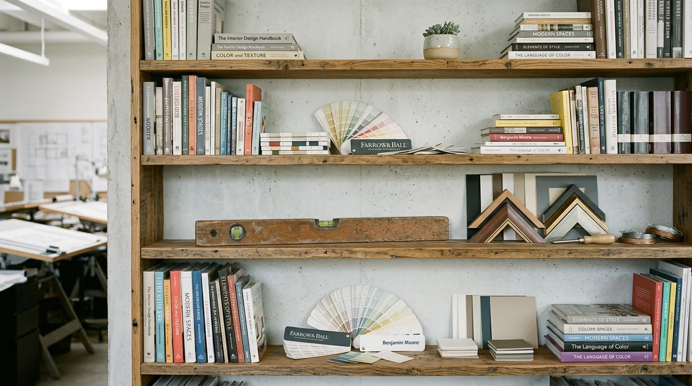 Interior design workshop shelves featuring paint color fans, reference books, and frame corner samples.