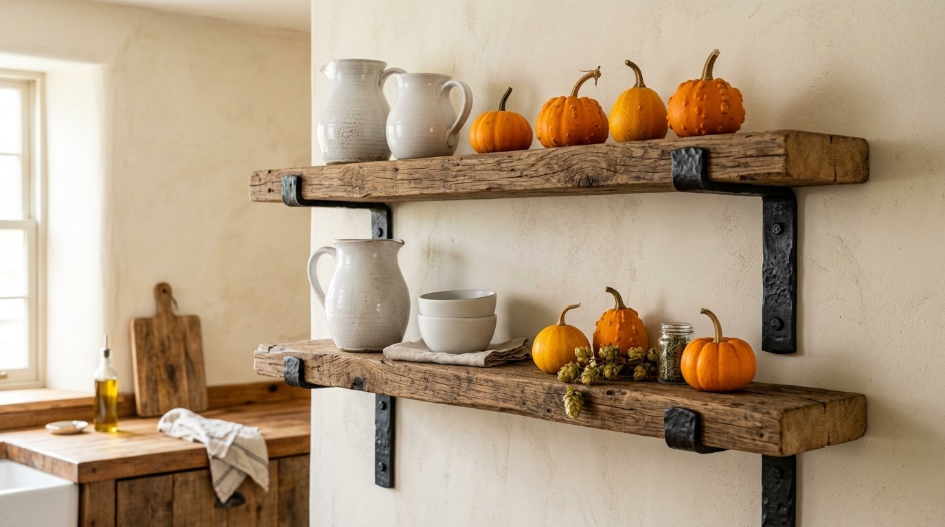 Two rough-hewn wooden shelves mounted on a wall holding white pitchers, small orange pumpkins, and ceramic bowls.