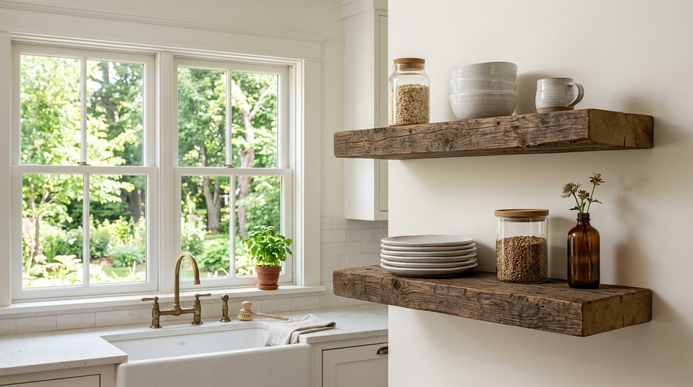 Two weathered wooden shelves holding ceramic bowls, plates, and jars on a plain wall next to a sunny kitchen sink.