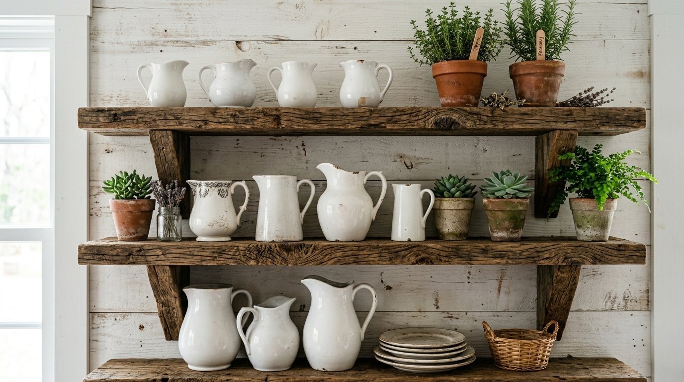 Farmhouse open shelving featuring white creamers, succulent plants, herbs, and a small woven basket.