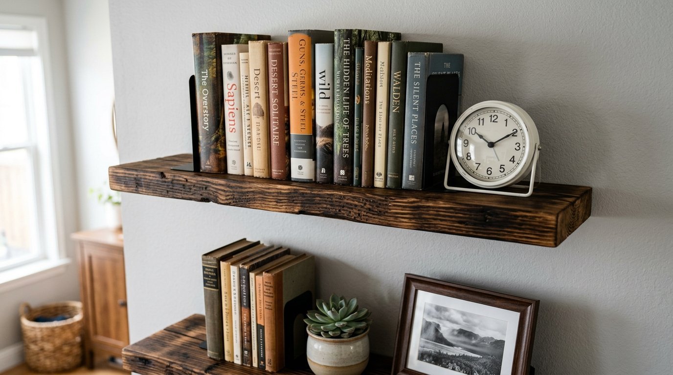 Close up of two dark stained wooden shelves holding various hardcover books, an analog clock, a succulent, and a photo.