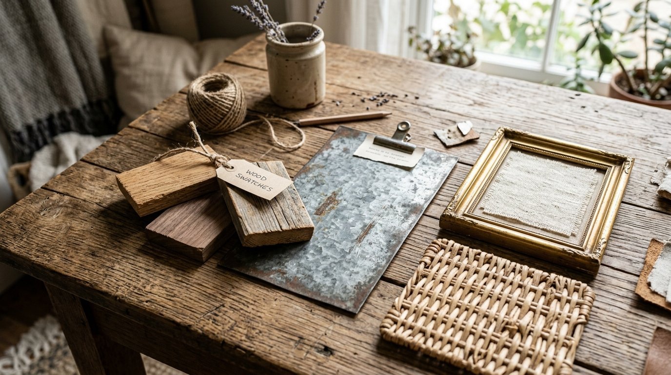 A wooden table featuring wood swatch blocks, a metal clipboard, woven rattan, and a small gold frame with linen fabric.