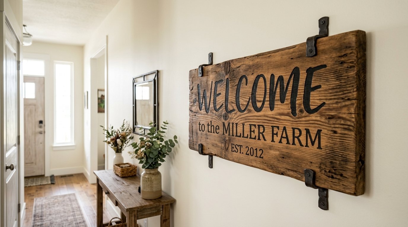 A wooden sign reading Welcome to the Miller Farm hangs on a white wall above a narrow wooden entry table.
