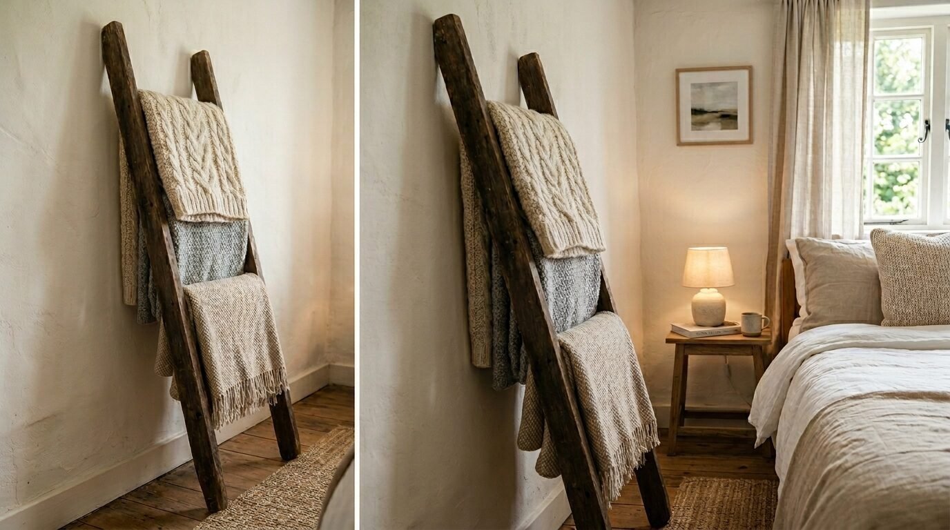 Decorative dark wood blanket ladder leaning against a white bedroom wall with layered knit throws.